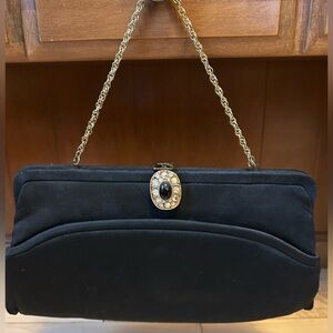 Vintage 40’s 50’s Black Evening Bag with Black Stone Rhinestone Closure